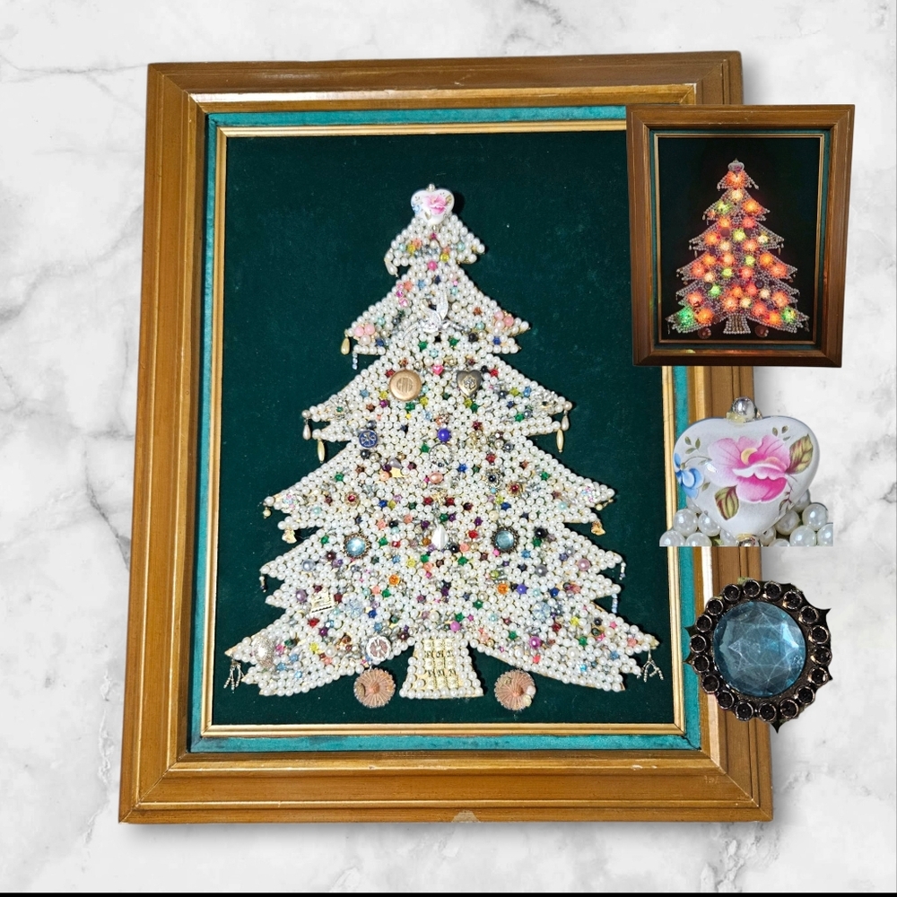 Vintage Christmas Tree Jewelry Art‎ Framed Wall Lighted Rhinestones Limoges